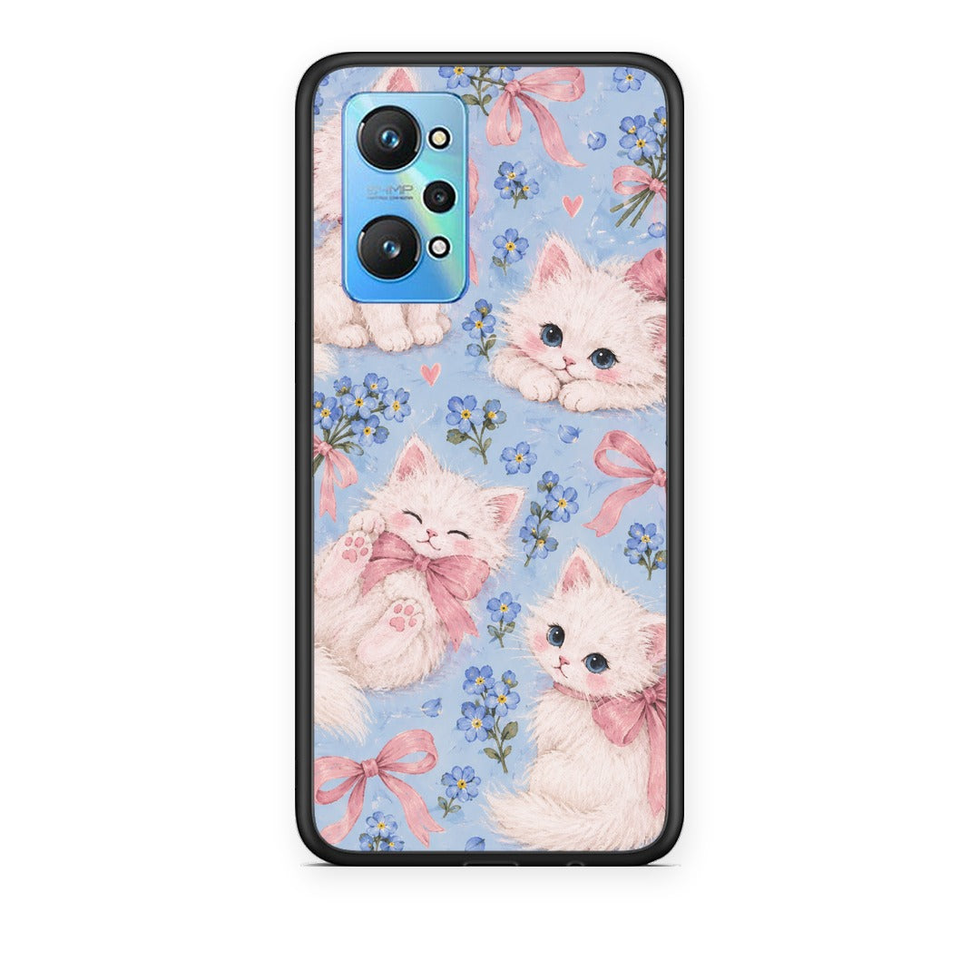 Θήκη Realme GT Neo 3T White Kittens and Blue Flowers Large από τη Smartfits με σχέδιο στο πίσω μέρος και μαύρο περίβλημα | Realme GT Neo 3T White Kittens and Blue Flowers Large case with colorful back and black bezels