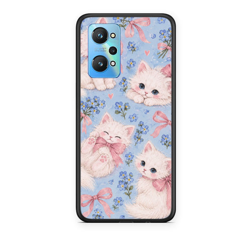 Θήκη Realme GT Neo 3T White Kittens and Blue Flowers Large από τη Smartfits με σχέδιο στο πίσω μέρος και μαύρο περίβλημα | Realme GT Neo 3T White Kittens and Blue Flowers Large case with colorful back and black bezels
