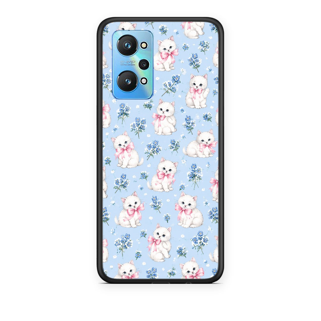 Θήκη Realme GT Neo 3T White Kittens and Blue Flowers Small από τη Smartfits με σχέδιο στο πίσω μέρος και μαύρο περίβλημα | Realme GT Neo 3T White Kittens and Blue Flowers Small case with colorful back and black bezels