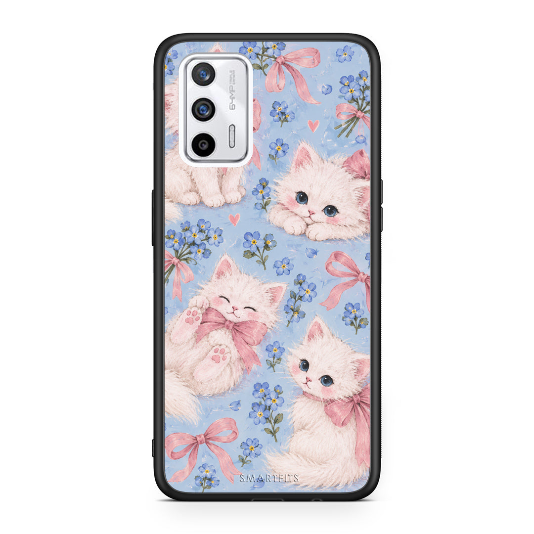 Θήκη Realme GT White Kittens and Blue Flowers Large από τη Smartfits με σχέδιο στο πίσω μέρος και μαύρο περίβλημα | Realme GT White Kittens and Blue Flowers Large case with colorful back and black bezels