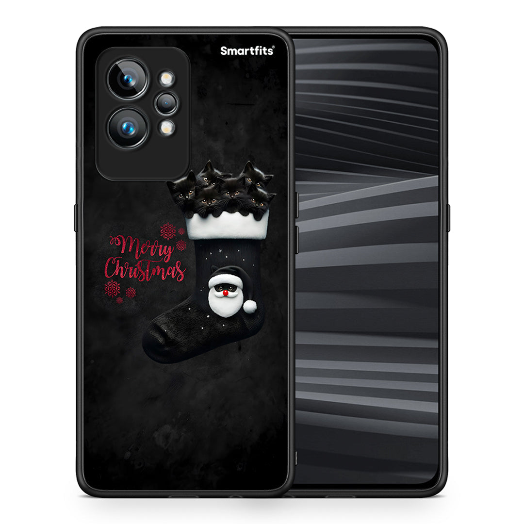 Θήκη Realme GT2 Pro Merry Cat Christmas από τη Smartfits με σχέδιο στο πίσω μέρος και μαύρο περίβλημα | Realme GT2 Pro Merry Cat Christmas Case with Colorful Back and Black Bezels