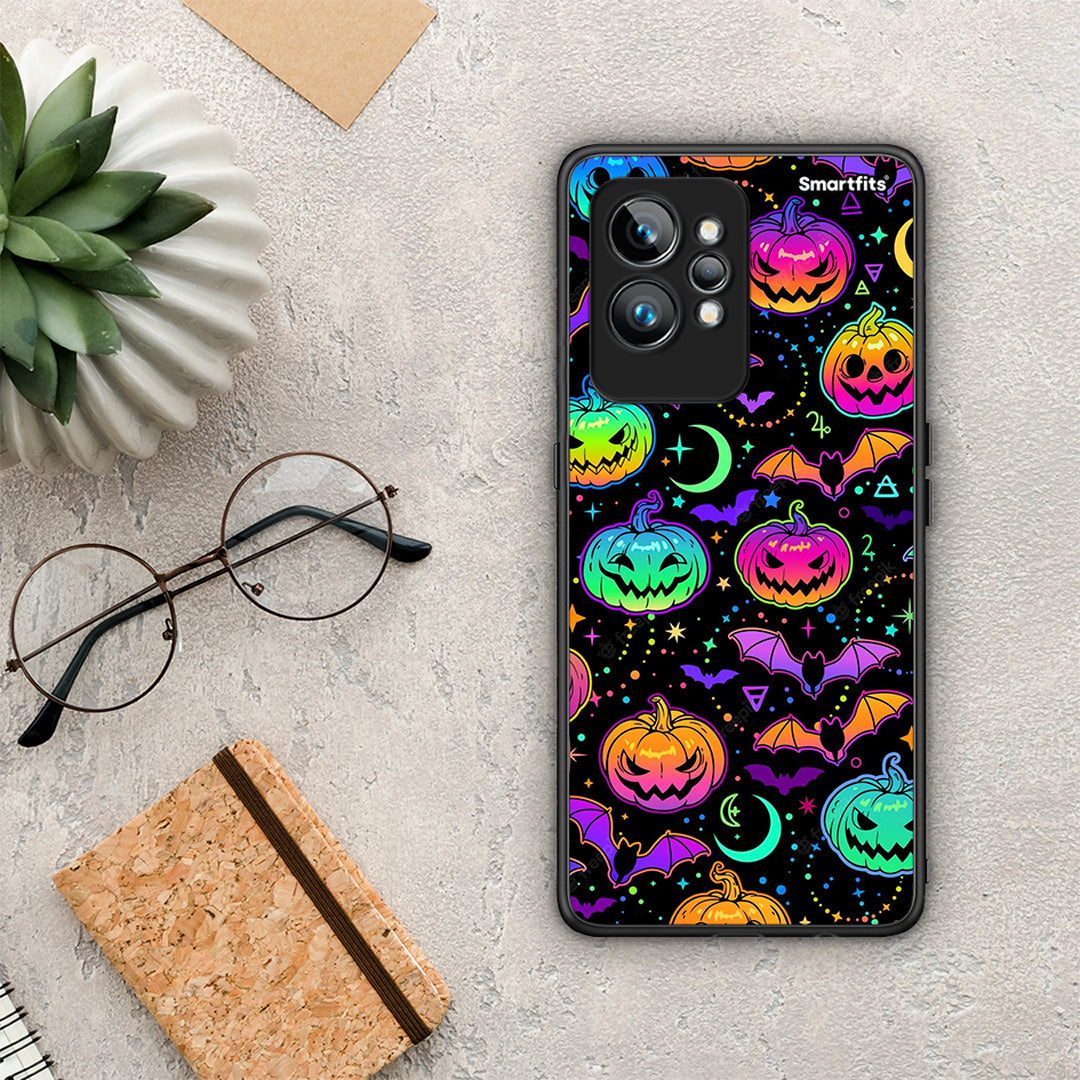 Θήκη Realme GT2 Pro Neon Halloween από τη Smartfits με σχέδιο στο πίσω μέρος και μαύρο περίβλημα | Realme GT2 Pro Neon Halloween Case with Colorful Back and Black Bezels