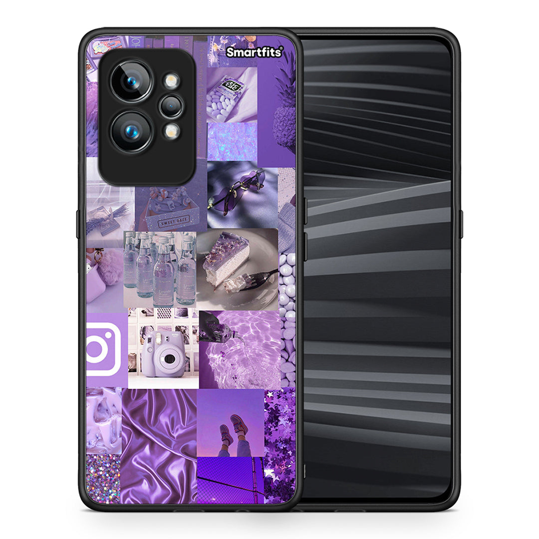 Θήκη Realme GT2 Pro Purple Aesthetic Collage από τη Smartfits με σχέδιο στο πίσω μέρος και μαύρο περίβλημα | Realme GT2 Pro Purple Aesthetic Collage Case with Colorful Back and Black Bezels