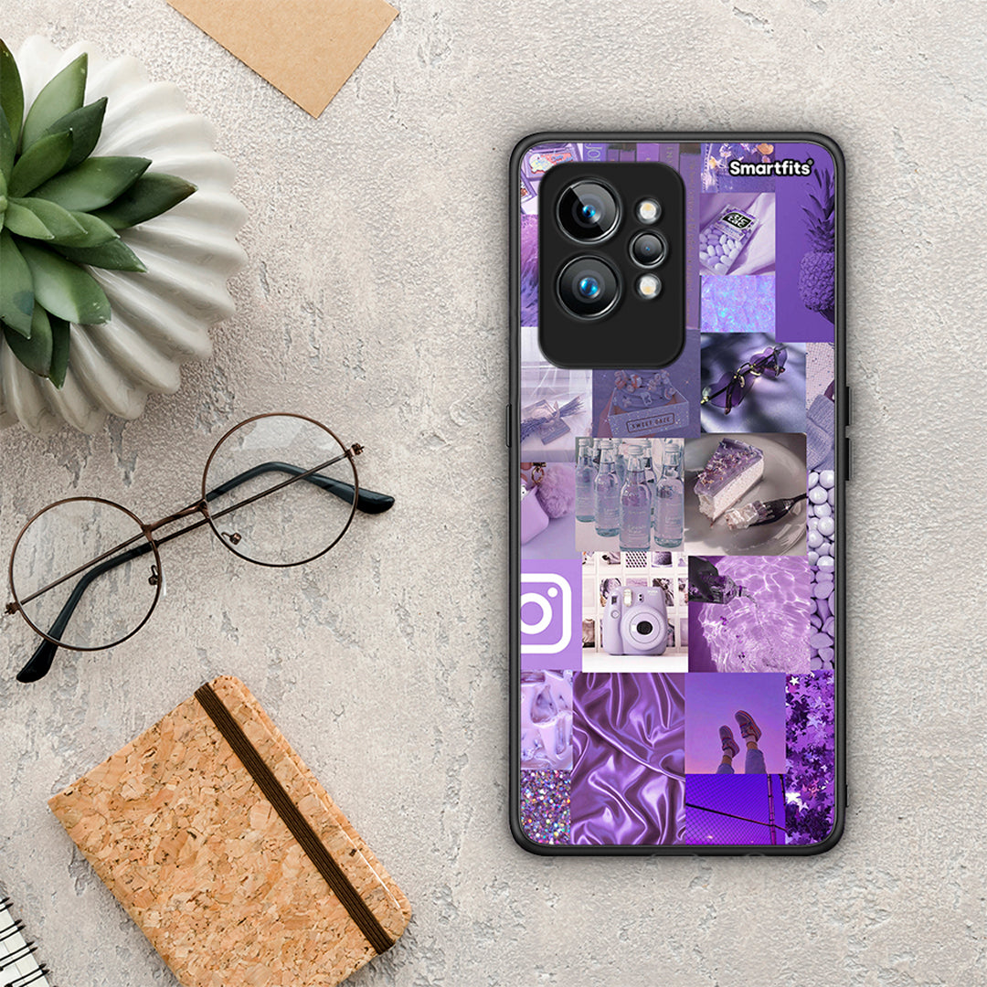 Θήκη Realme GT2 Purple Aesthetic Collage από τη Smartfits με σχέδιο στο πίσω μέρος και μαύρο περίβλημα | Realme GT2 Purple Aesthetic Collage Case with Colorful Back and Black Bezels