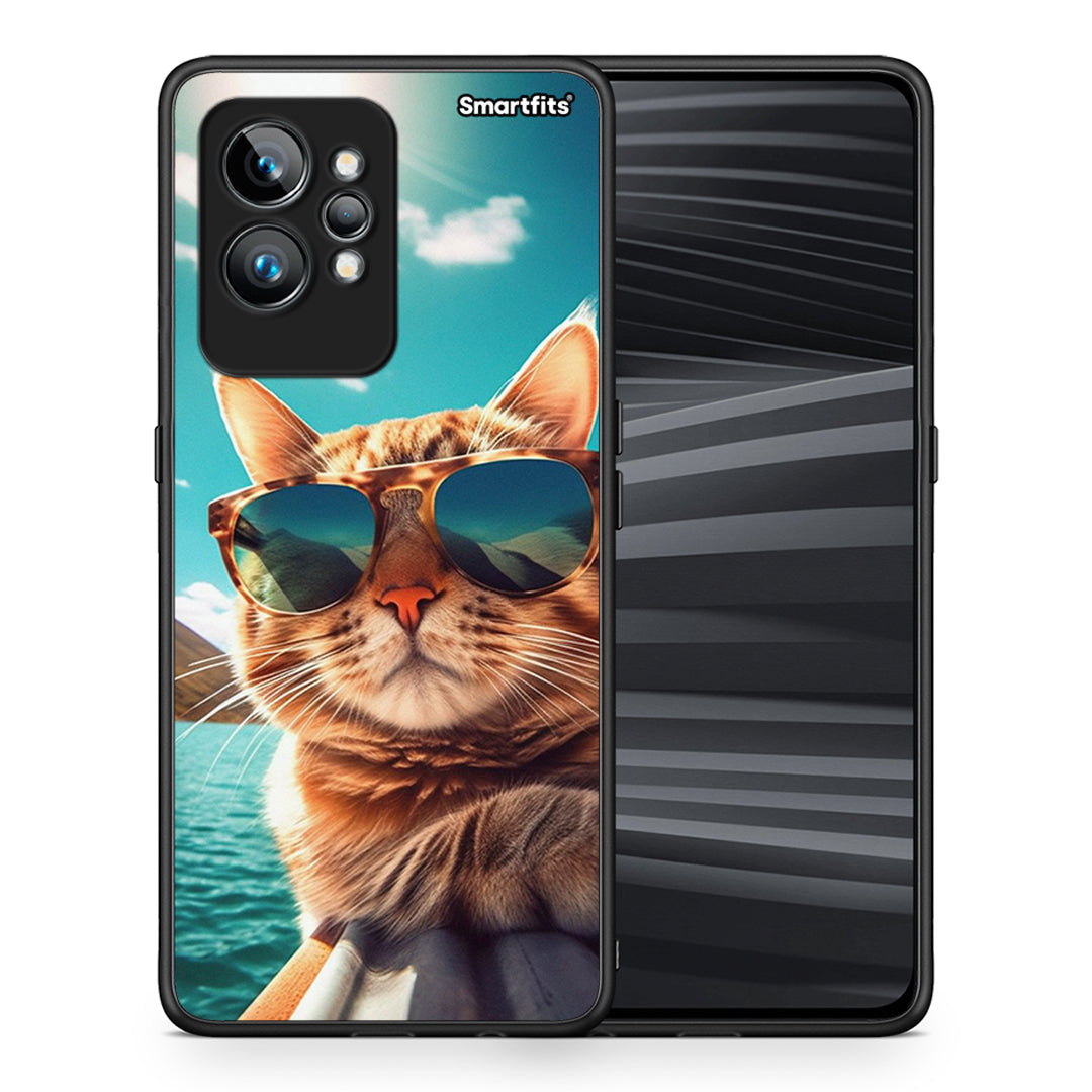 Θήκη Realme GT2 Pro Summer Cat από τη Smartfits με σχέδιο στο πίσω μέρος και μαύρο περίβλημα | Realme GT2 Pro Summer Cat Case with Colorful Back and Black Bezels
