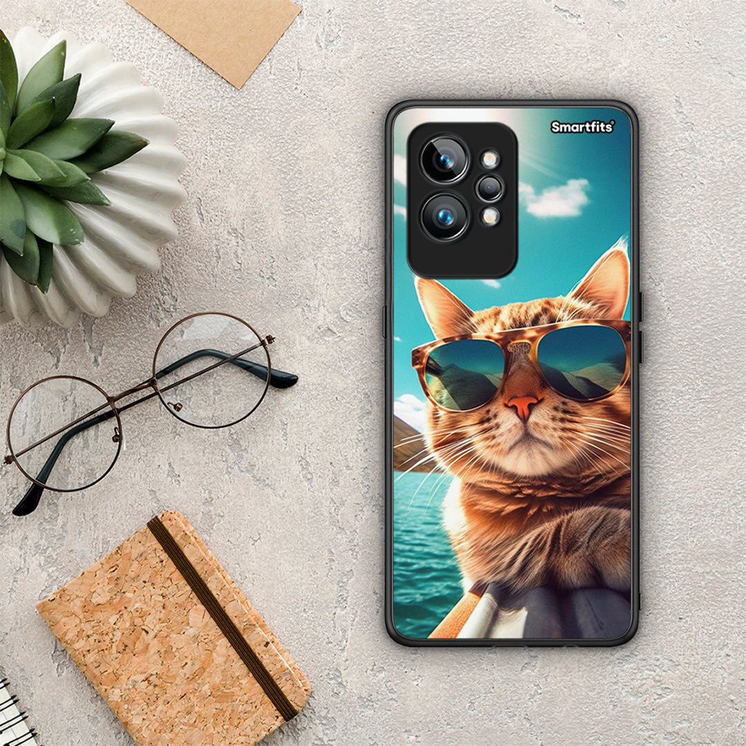 Θήκη Realme GT2 Pro Summer Cat από τη Smartfits με σχέδιο στο πίσω μέρος και μαύρο περίβλημα | Realme GT2 Pro Summer Cat Case with Colorful Back and Black Bezels