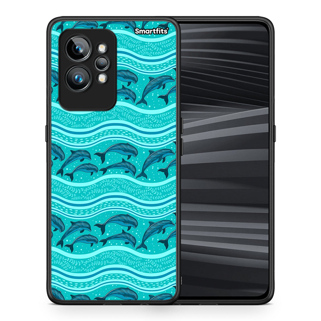 Θήκη Realme GT2 Pro Swimming Dolphins από τη Smartfits με σχέδιο στο πίσω μέρος και μαύρο περίβλημα | Realme GT2 Pro Swimming Dolphins Case with Colorful Back and Black Bezels