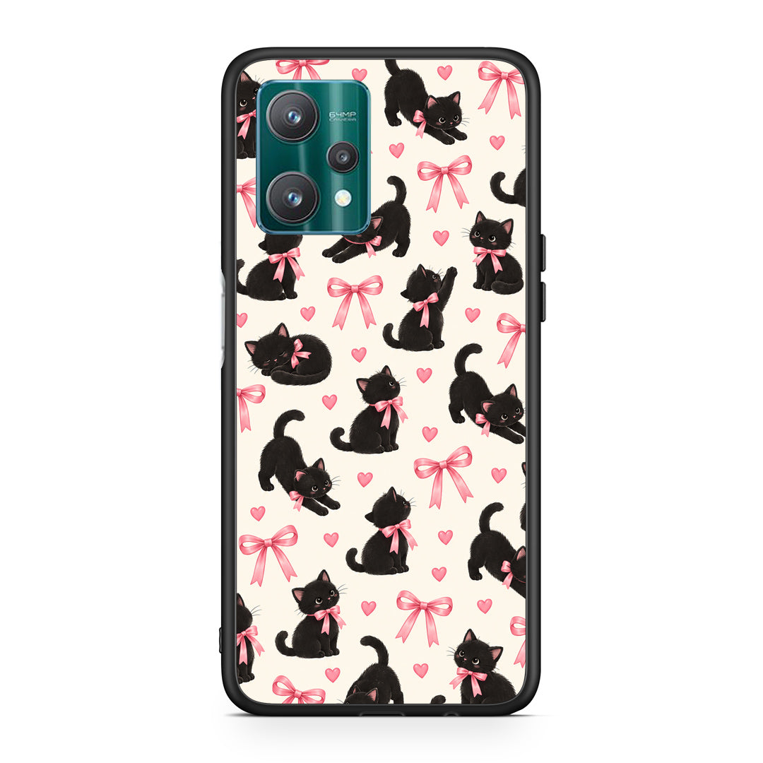 Θήκη Realme 9 Pro Black Kittens and Pink Bows on Cream Small από τη Smartfits με σχέδιο στο πίσω μέρος και μαύρο περίβλημα | Realme 9 Pro Black Kittens and Pink Bows on Cream Small case with colorful back and black bezels