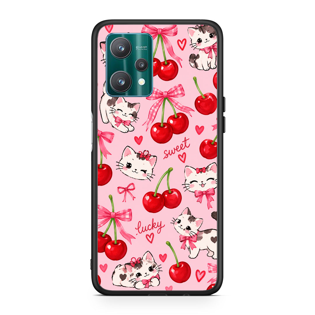Θήκη Realme 9 Pro Cherries Bows and Kittens on Pink από τη Smartfits με σχέδιο στο πίσω μέρος και μαύρο περίβλημα | Realme 9 Pro Cherries Bows and Kittens on Pink case with colorful back and black bezels