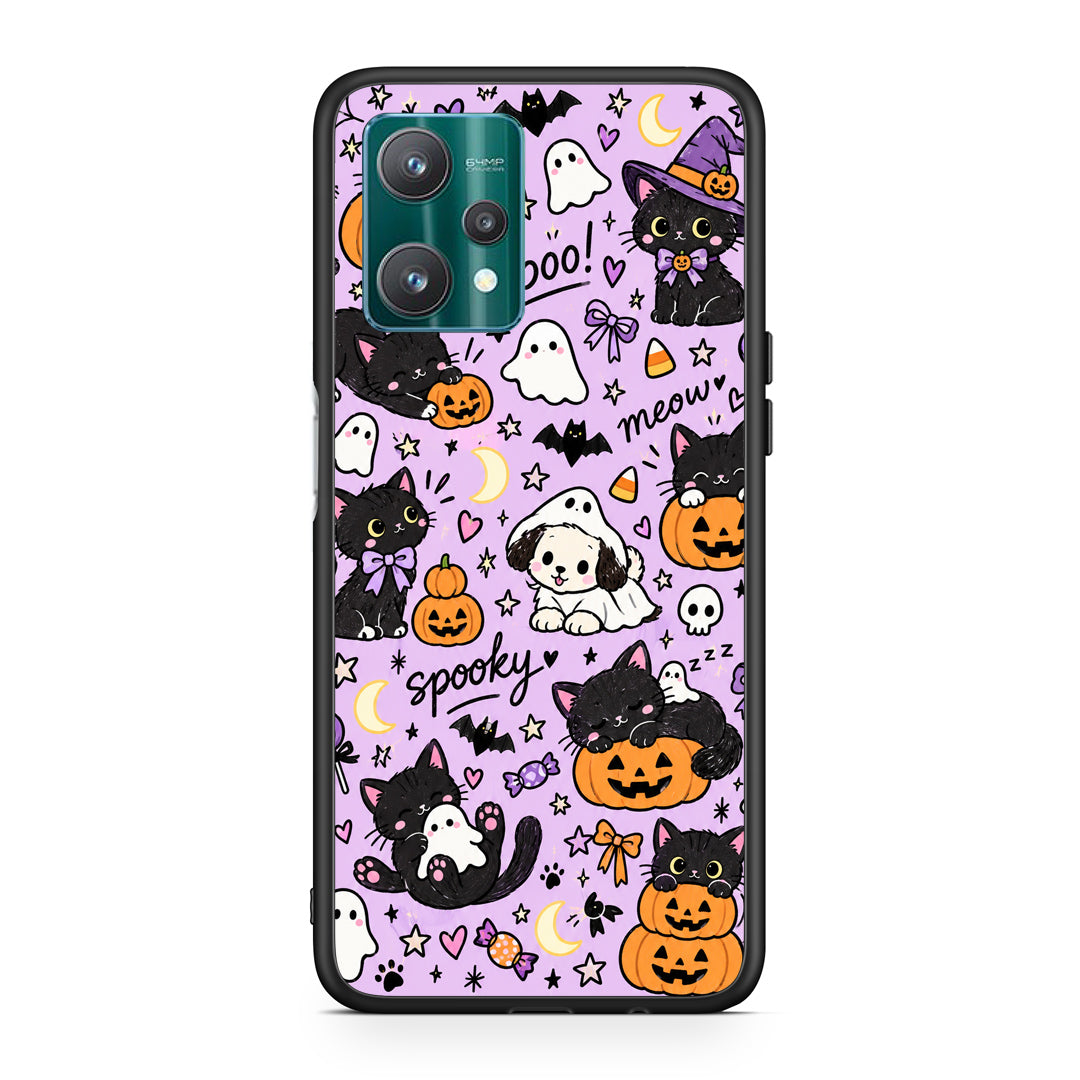 Θήκη Realme 9 Pro Halloween Black Cats on Lilac από τη Smartfits με σχέδιο στο πίσω μέρος και μαύρο περίβλημα | Realme 9 Pro Halloween Black Cats on Lilac case with colorful back and black bezels