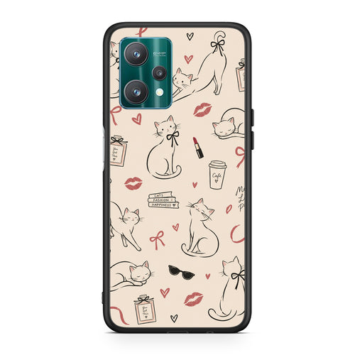 Θήκη Realme 9 Pro Minimal Cat and Fashion Doodles on Cream από τη Smartfits με σχέδιο στο πίσω μέρος και μαύρο περίβλημα | Realme 9 Pro Minimal Cat and Fashion Doodles on Cream case with colorful back and black bezels
