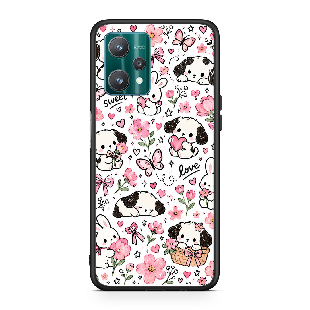 Θήκη Realme 9 Pro Pink Florals Puppies and Bunnies on White από τη Smartfits με σχέδιο στο πίσω μέρος και μαύρο περίβλημα | Realme 9 Pro Pink Florals Puppies and Bunnies on White case with colorful back and black bezels