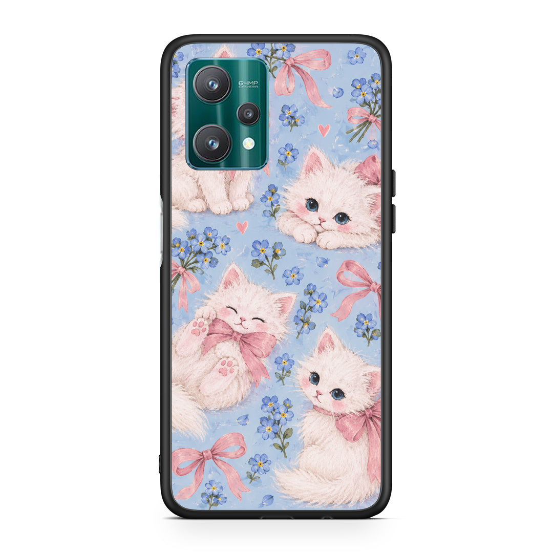 Θήκη Realme 9 Pro White Kittens and Blue Flowers Large από τη Smartfits με σχέδιο στο πίσω μέρος και μαύρο περίβλημα | Realme 9 Pro White Kittens and Blue Flowers Large case with colorful back and black bezels