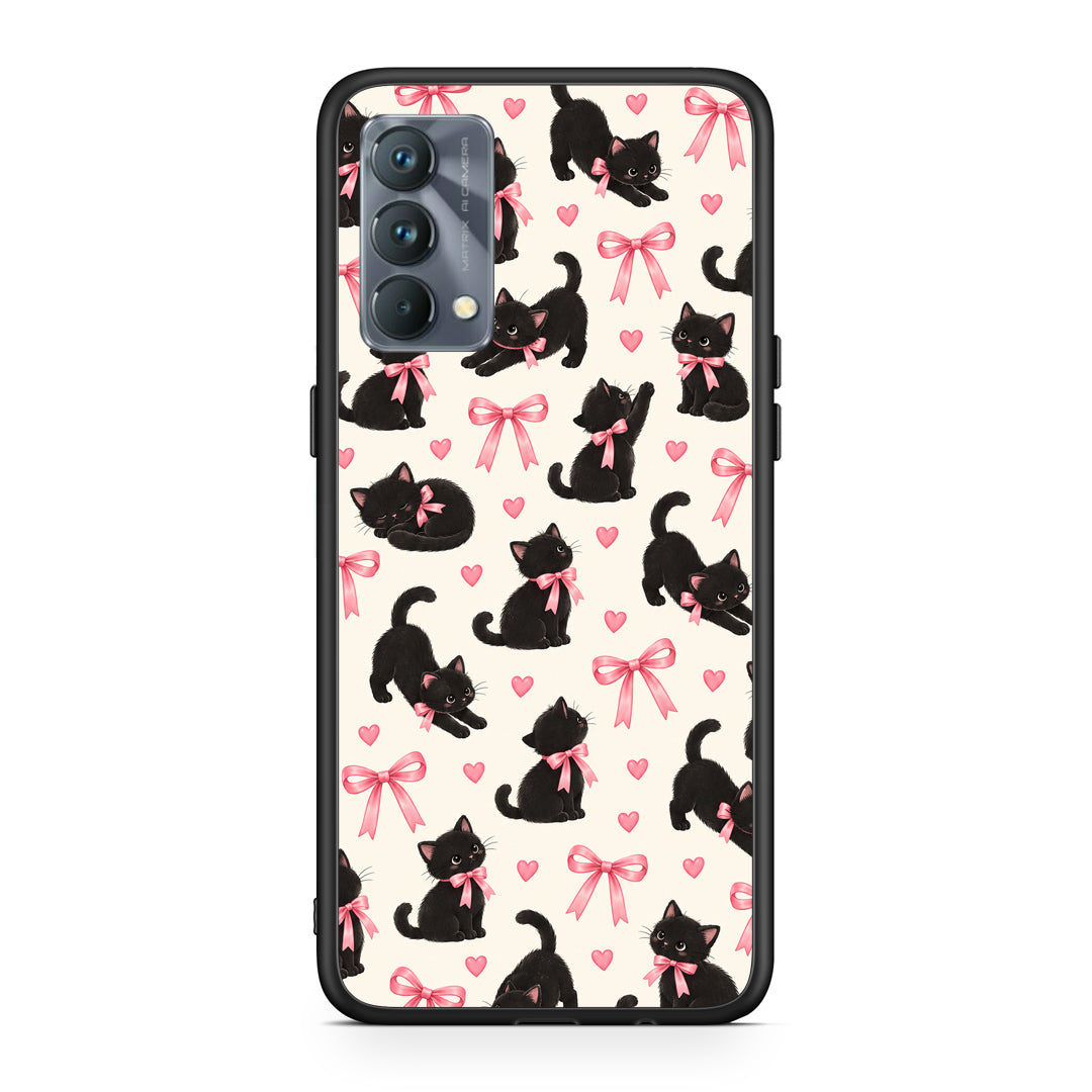 Θήκη Realme GT Master Black Kittens and Pink Bows on Cream Small από τη Smartfits με σχέδιο στο πίσω μέρος και μαύρο περίβλημα | Realme GT Master Black Kittens and Pink Bows on Cream Small case with colorful back and black bezels