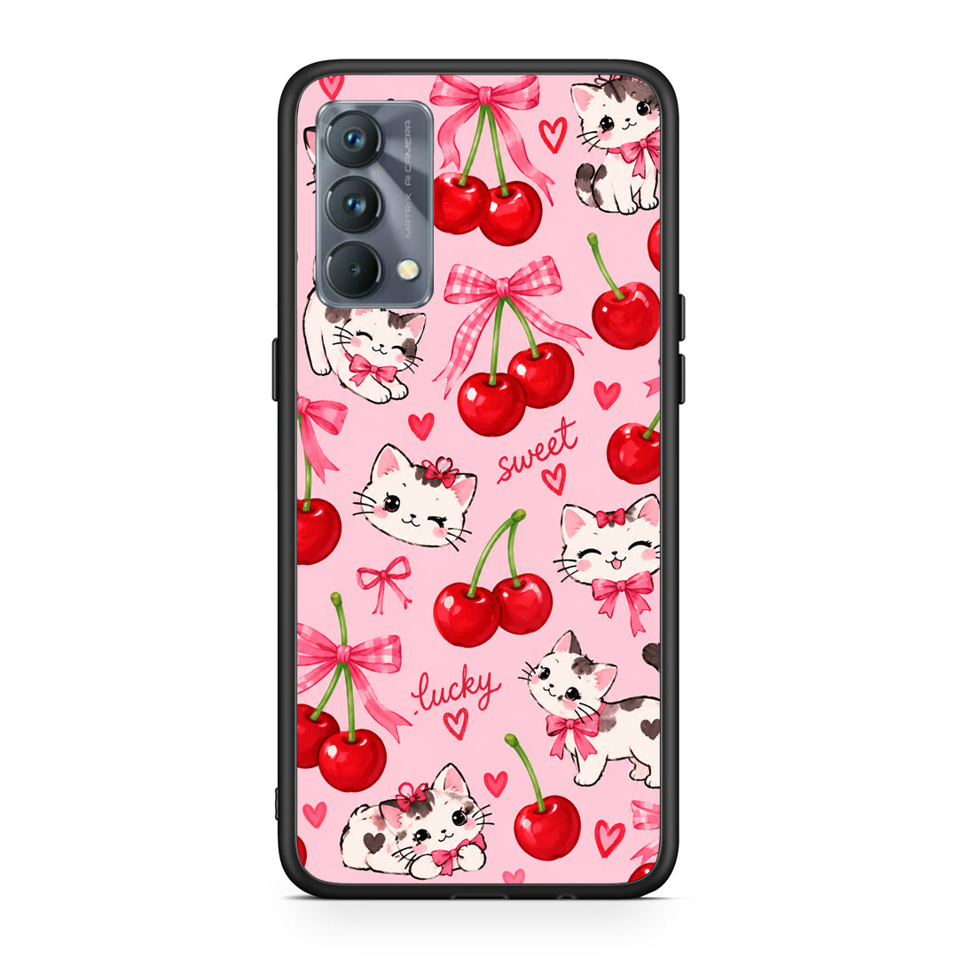 Θήκη Realme GT Master Cherries Bows and Kittens on Pink από τη Smartfits με σχέδιο στο πίσω μέρος και μαύρο περίβλημα | Realme GT Master Cherries Bows and Kittens on Pink case with colorful back and black bezels