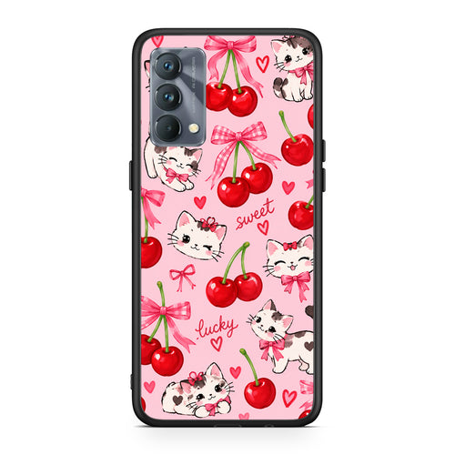 Θήκη Realme GT Master Cherries Bows and Kittens on Pink από τη Smartfits με σχέδιο στο πίσω μέρος και μαύρο περίβλημα | Realme GT Master Cherries Bows and Kittens on Pink case with colorful back and black bezels