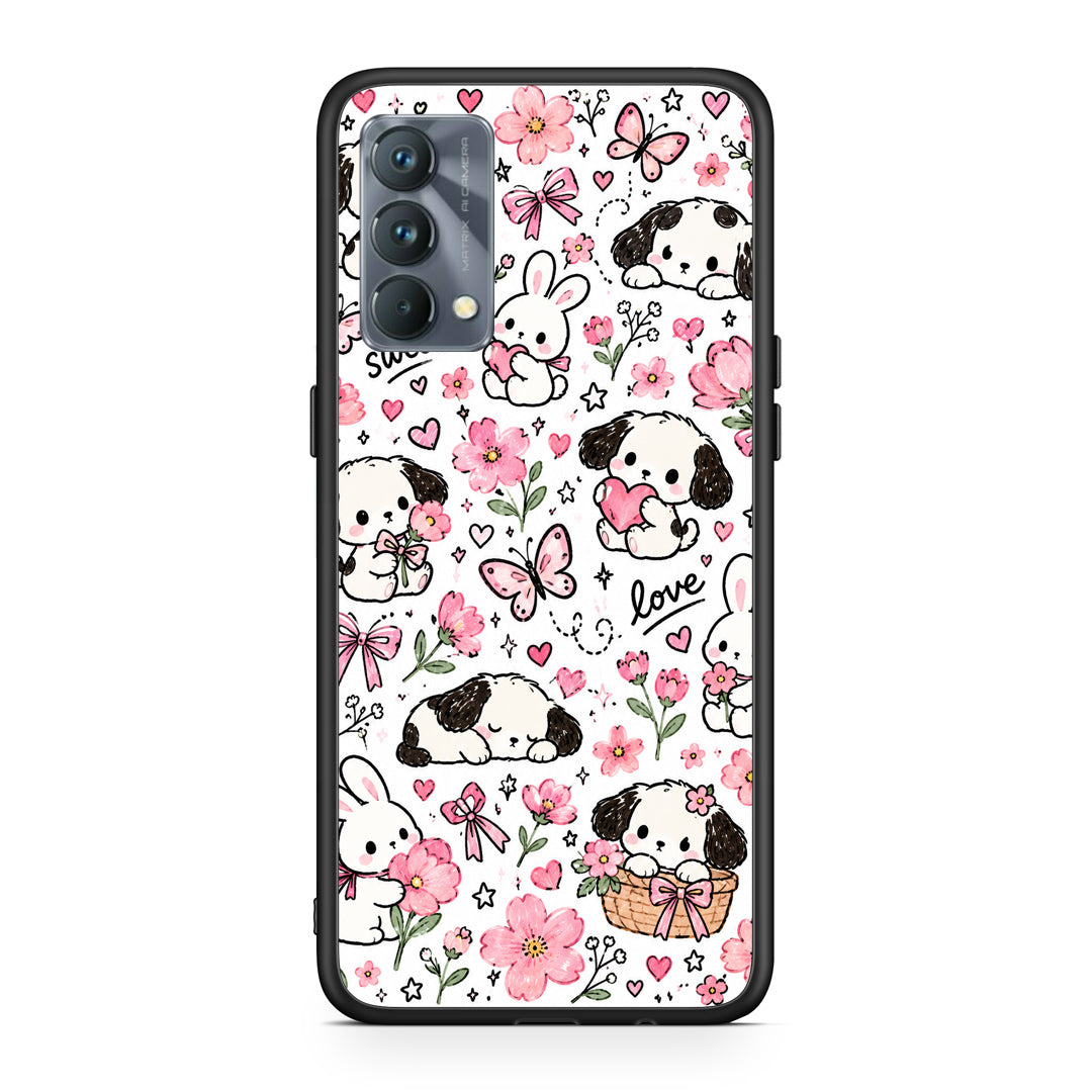 Θήκη Realme GT Master Pink Florals Puppies and Bunnies on White από τη Smartfits με σχέδιο στο πίσω μέρος και μαύρο περίβλημα | Realme GT Master Pink Florals Puppies and Bunnies on White case with colorful back and black bezels