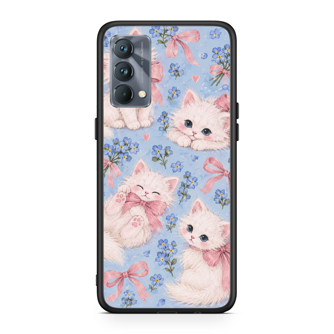 Θήκη Realme GT Master White Kittens and Blue Flowers Large από τη Smartfits με σχέδιο στο πίσω μέρος και μαύρο περίβλημα | Realme GT Master White Kittens and Blue Flowers Large case with colorful back and black bezels