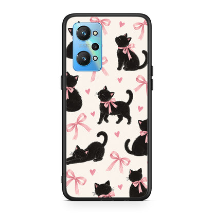 Θήκη Realme GT Neo 2 Black Kittens and Pink Bows on Cream Large από τη Smartfits με σχέδιο στο πίσω μέρος και μαύρο περίβλημα | Realme GT Neo 2 Black Kittens and Pink Bows on Cream Large case with colorful back and black bezels