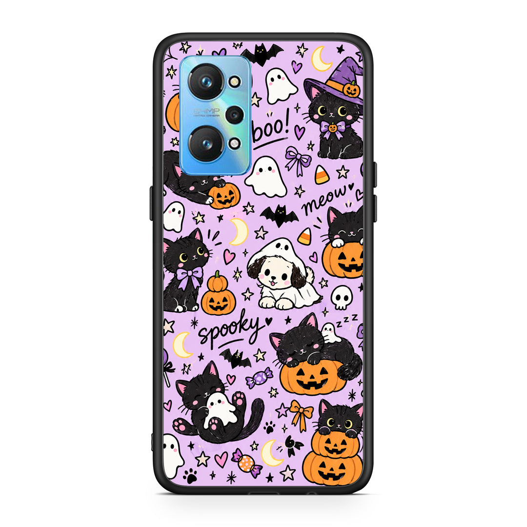 Θήκη Realme GT2 Halloween Black Cats on Lilac από τη Smartfits με σχέδιο στο πίσω μέρος και μαύρο περίβλημα | Realme GT2 Halloween Black Cats on Lilac case with colorful back and black bezels