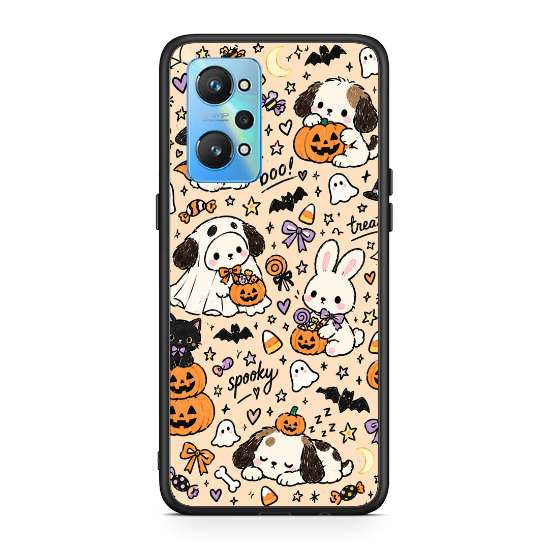 Θήκη Realme GT2 Halloween Puppies and Friends on Cream από τη Smartfits με σχέδιο στο πίσω μέρος και μαύρο περίβλημα | Realme GT2 Halloween Puppies and Friends on Cream case with colorful back and black bezels