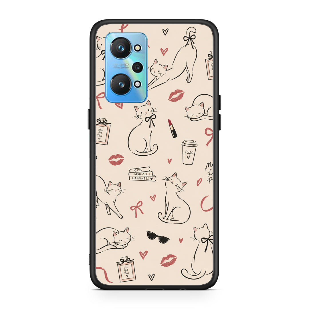 Θήκη Realme GT2 Minimal Cat and Fashion Doodles on Cream από τη Smartfits με σχέδιο στο πίσω μέρος και μαύρο περίβλημα | Realme GT2 Minimal Cat and Fashion Doodles on Cream case with colorful back and black bezels