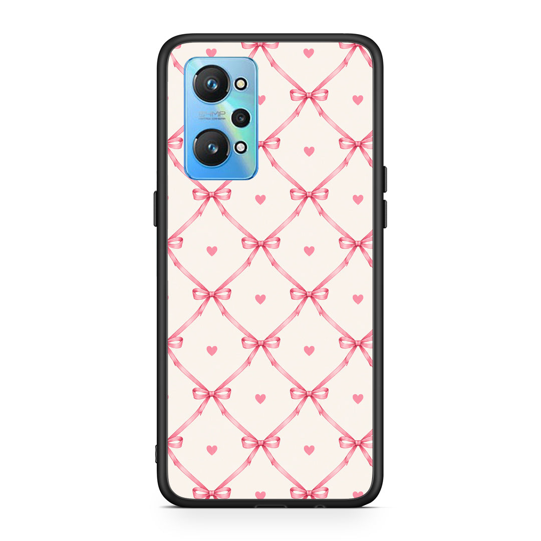 Θήκη Realme GT2 Pink Bow Lattice and Hearts on Cream από τη Smartfits με σχέδιο στο πίσω μέρος και μαύρο περίβλημα | Realme GT2 Pink Bow Lattice and Hearts on Cream case with colorful back and black bezels
