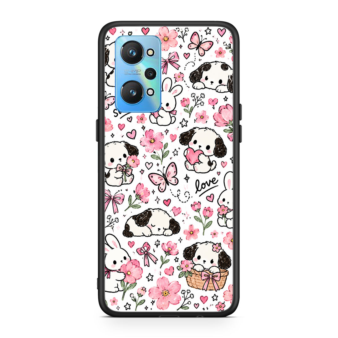 Θήκη Realme GT2 Pink Florals Puppies and Bunnies on White από τη Smartfits με σχέδιο στο πίσω μέρος και μαύρο περίβλημα | Realme GT2 Pink Florals Puppies and Bunnies on White case with colorful back and black bezels