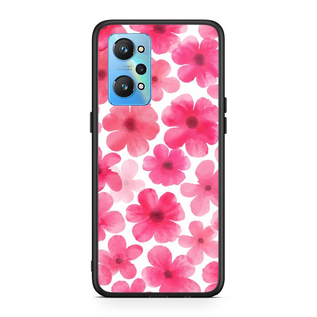 Θήκη Realme GT2 Pink Watercolour Flowers on White από τη Smartfits με σχέδιο στο πίσω μέρος και μαύρο περίβλημα | Realme GT2 Pink Watercolour Flowers on White case with colorful back and black bezels