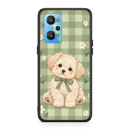 Θήκη Realme GT2 Puppy and Daisies on Sage Gingham από τη Smartfits με σχέδιο στο πίσω μέρος και μαύρο περίβλημα | Realme GT2 Puppy and Daisies on Sage Gingham case with colorful back and black bezels