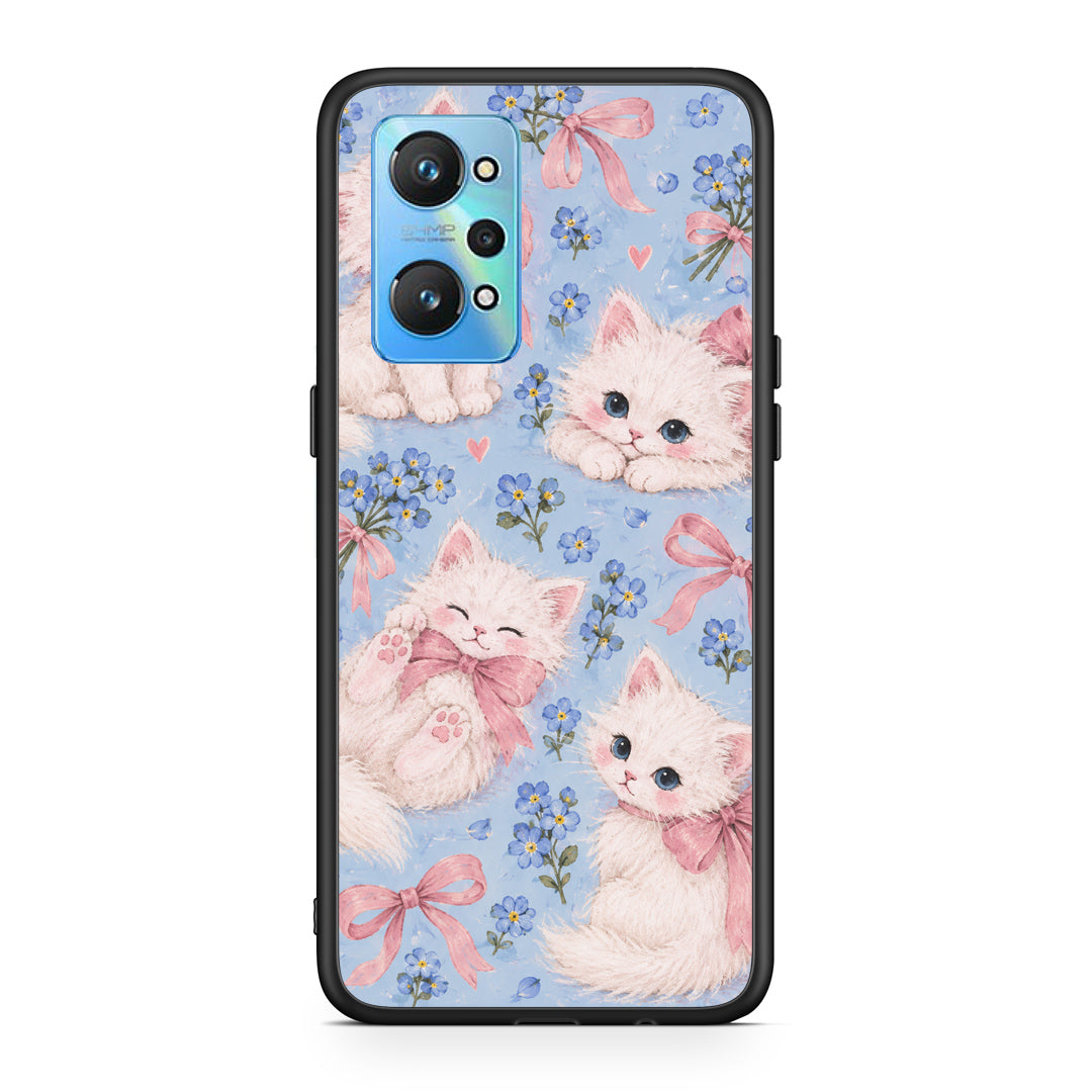 Θήκη Realme GT2 White Kittens and Blue Flowers Large από τη Smartfits με σχέδιο στο πίσω μέρος και μαύρο περίβλημα | Realme GT2 White Kittens and Blue Flowers Large case with colorful back and black bezels