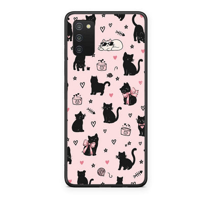 Θήκη Samsung Galaxy A02s / M02s / F02s Black Cat Doodles on Pink από τη Smartfits με σχέδιο στο πίσω μέρος και μαύρο περίβλημα | Samsung Galaxy A02s / M02s / F02s Black Cat Doodles on Pink case with colorful back and black bezels