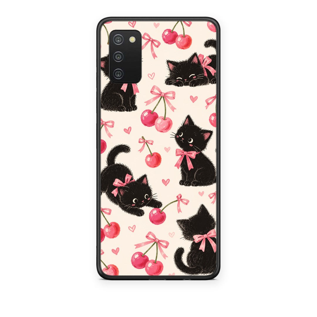 Θήκη Samsung Galaxy A02s / M02s / F02s Black Kittens and Cherries on Cream από τη Smartfits με σχέδιο στο πίσω μέρος και μαύρο περίβλημα | Samsung Galaxy A02s / M02s / F02s Black Kittens and Cherries on Cream case with colorful back and black bezels