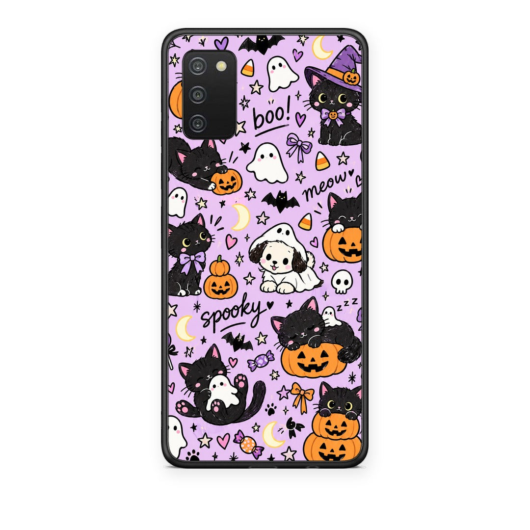 Θήκη Samsung Galaxy A02s / M02s / F02s Halloween Black Cats on Lilac από τη Smartfits με σχέδιο στο πίσω μέρος και μαύρο περίβλημα | Samsung Galaxy A02s / M02s / F02s Halloween Black Cats on Lilac case with colorful back and black bezels