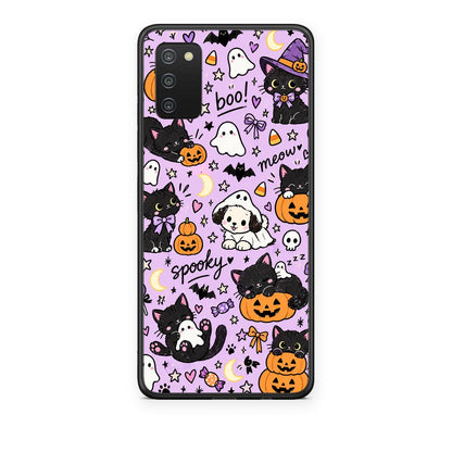 Θήκη Samsung Galaxy A02s / M02s / F02s Halloween Black Cats on Lilac από τη Smartfits με σχέδιο στο πίσω μέρος και μαύρο περίβλημα | Samsung Galaxy A02s / M02s / F02s Halloween Black Cats on Lilac case with colorful back and black bezels