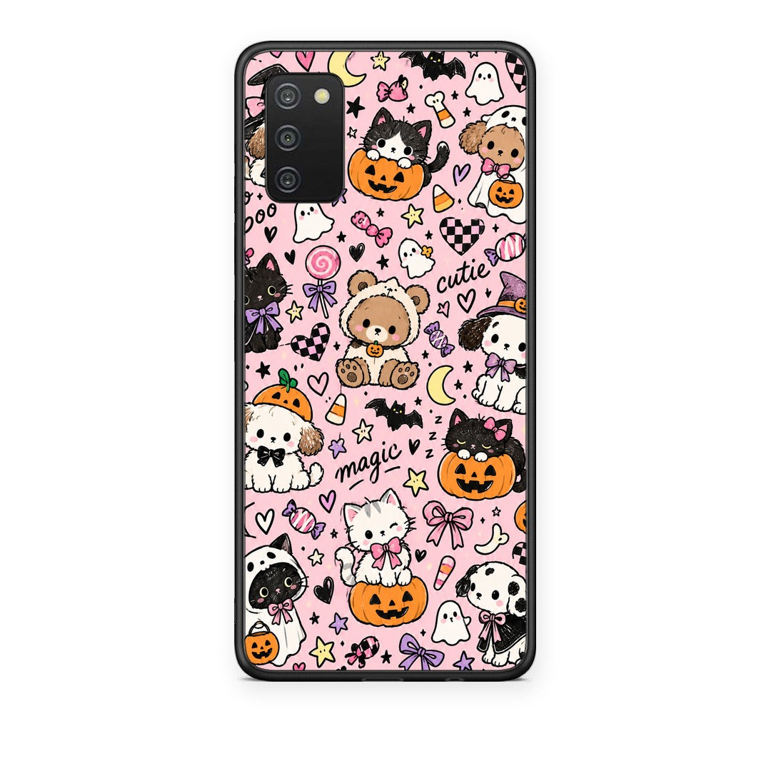 Θήκη Samsung Galaxy A02s / M02s / F02s Halloween Cute Animals on Pink από τη Smartfits με σχέδιο στο πίσω μέρος και μαύρο περίβλημα | Samsung Galaxy A02s / M02s / F02s Halloween Cute Animals on Pink case with colorful back and black bezels