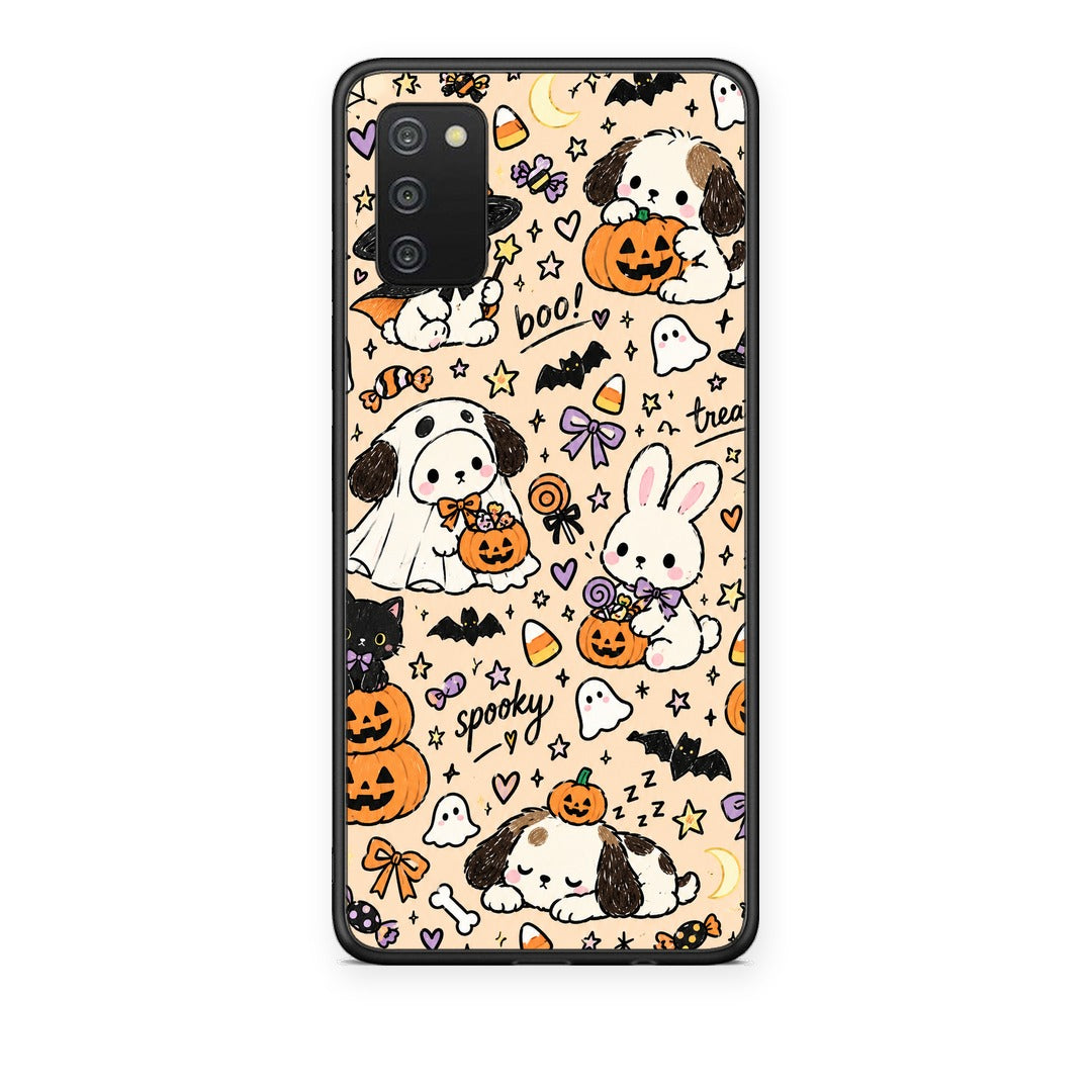 Θήκη Samsung Galaxy A02s / M02s / F02s Halloween Puppies and Friends on Cream από τη Smartfits με σχέδιο στο πίσω μέρος και μαύρο περίβλημα | Samsung Galaxy A02s / M02s / F02s Halloween Puppies and Friends on Cream case with colorful back and black bezels