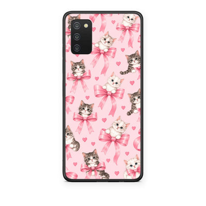 Θήκη Samsung Galaxy A02s / M02s / F02s Kittens and Pink Bows on Pink από τη Smartfits με σχέδιο στο πίσω μέρος και μαύρο περίβλημα | Samsung Galaxy A02s / M02s / F02s Kittens and Pink Bows on Pink case with colorful back and black bezels