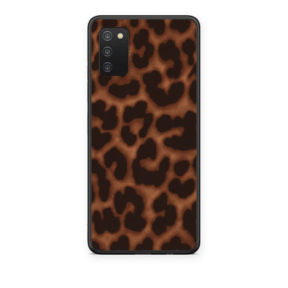 Θήκη Samsung Galaxy A02s / M02s / F02s Leopard Print Dark Brown από τη Smartfits με σχέδιο στο πίσω μέρος και μαύρο περίβλημα | Samsung Galaxy A02s / M02s / F02s Leopard Print Dark Brown case with colorful back and black bezels