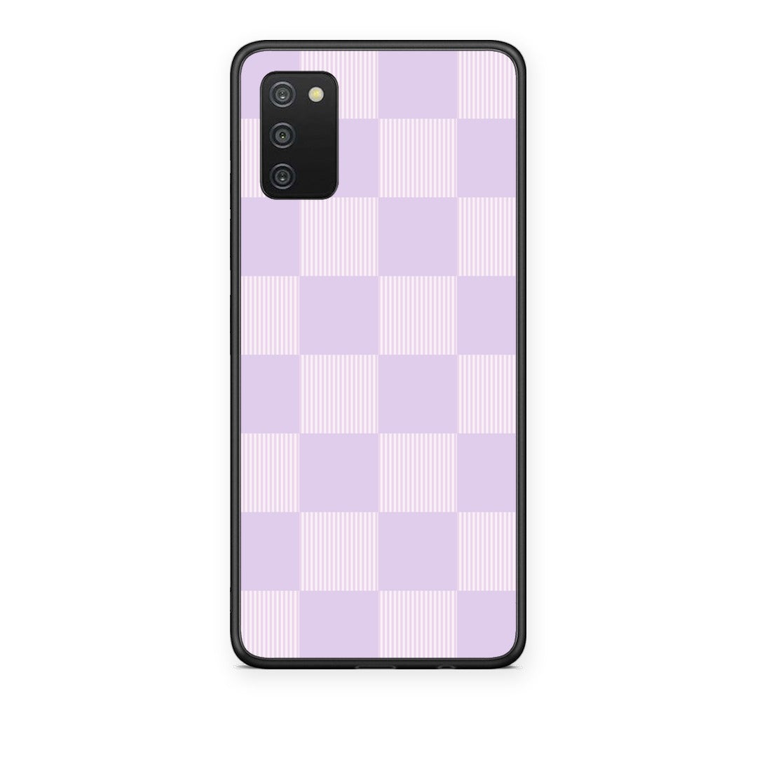 Θήκη Samsung Galaxy A02s / M02s / F02s Lilac and Cream Striped Checks από τη Smartfits με σχέδιο στο πίσω μέρος και μαύρο περίβλημα | Samsung Galaxy A02s / M02s / F02s Lilac and Cream Striped Checks case with colorful back and black bezels
