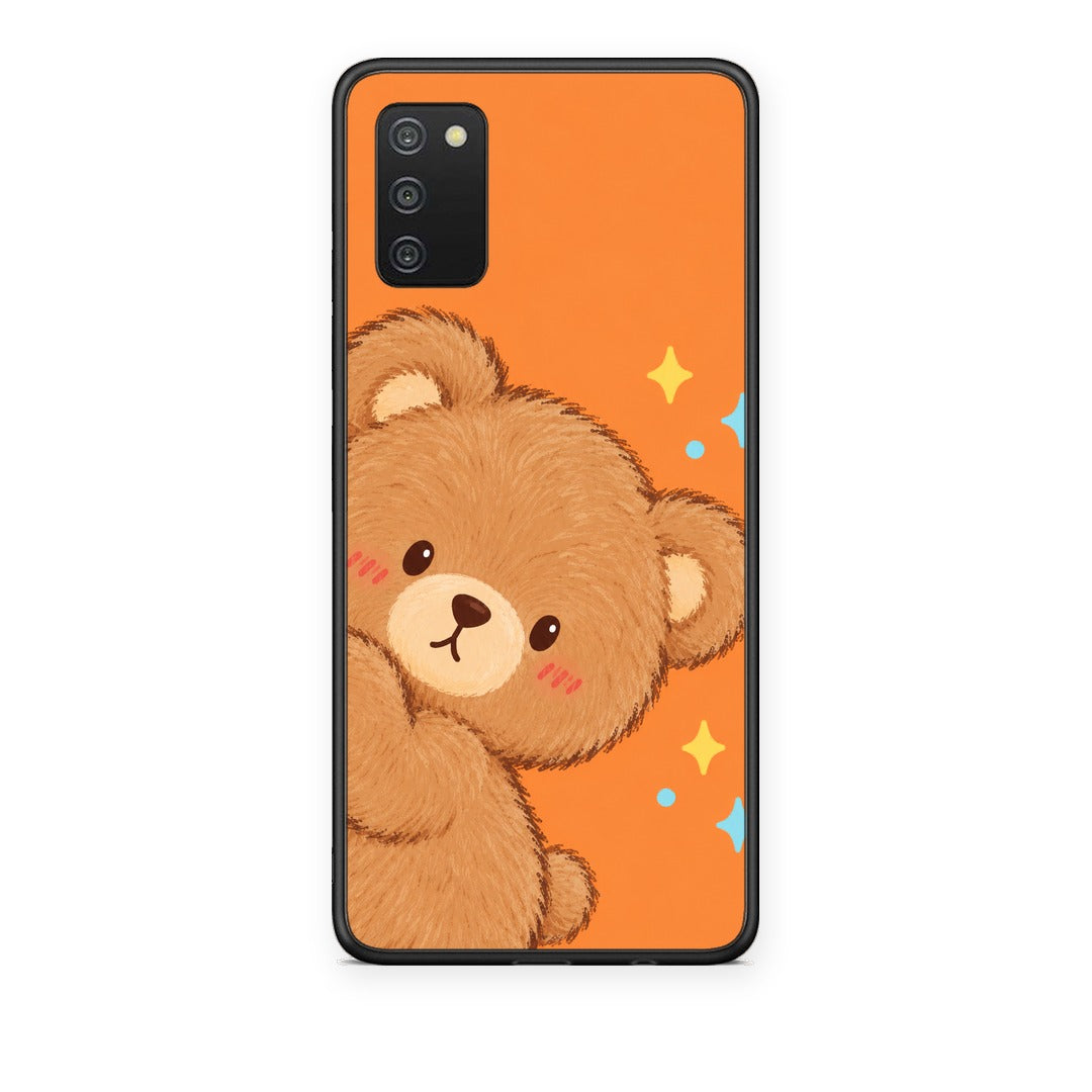 Θήκη Samsung Galaxy A02s / M02s / F02s Peekaboo Teddy on Orange από τη Smartfits με σχέδιο στο πίσω μέρος και μαύρο περίβλημα | Samsung Galaxy A02s / M02s / F02s Peekaboo Teddy on Orange case with colorful back and black bezels