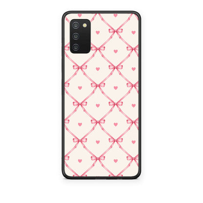 Θήκη Samsung Galaxy A02s / M02s / F02s Pink Bow Lattice and Hearts on Cream από τη Smartfits με σχέδιο στο πίσω μέρος και μαύρο περίβλημα | Samsung Galaxy A02s / M02s / F02s Pink Bow Lattice and Hearts on Cream case with colorful back and black bezels