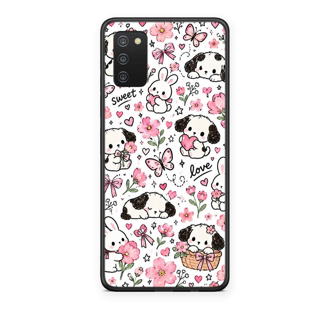 Θήκη Samsung Galaxy A02s / M02s / F02s Pink Florals Puppies and Bunnies on White από τη Smartfits με σχέδιο στο πίσω μέρος και μαύρο περίβλημα | Samsung Galaxy A02s / M02s / F02s Pink Florals Puppies and Bunnies on White case with colorful back and black bezels