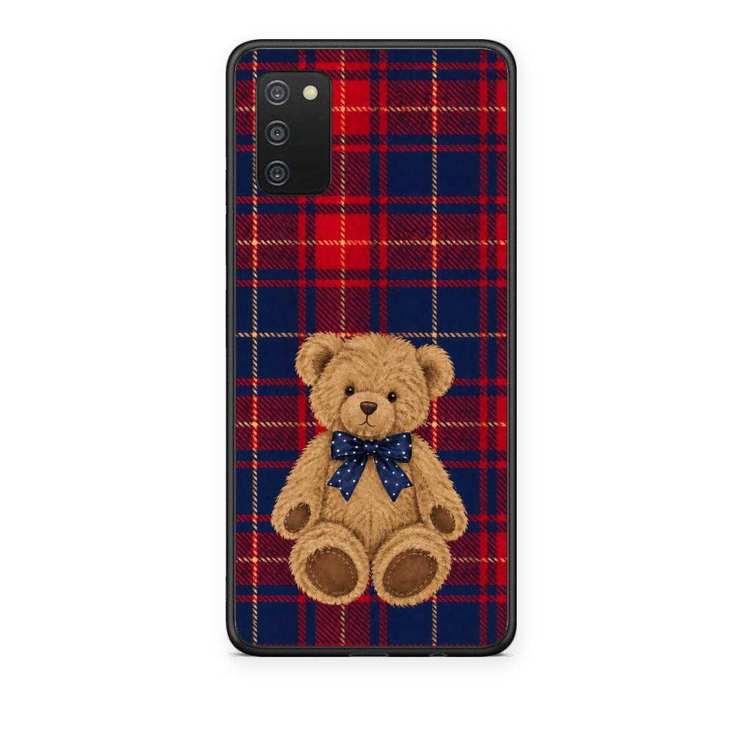Θήκη Samsung Galaxy A02s / M02s / F02s Teddy Bear on Red and Navy Tartan από τη Smartfits με σχέδιο στο πίσω μέρος και μαύρο περίβλημα | Samsung Galaxy A02s / M02s / F02s Teddy Bear on Red and Navy Tartan case with colorful back and black bezels