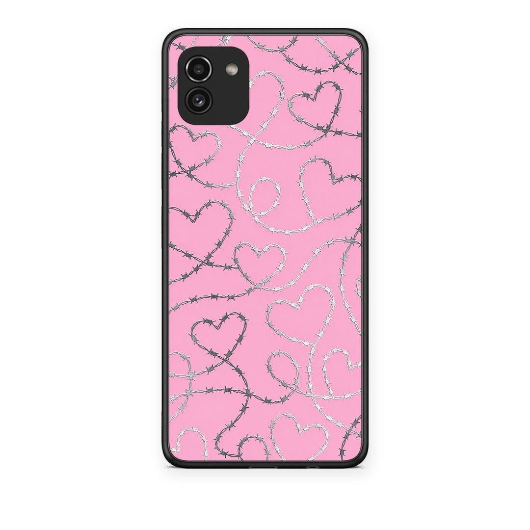 Θήκη Samsung Galaxy A03 Barbed Wire Hearts on Pink από τη Smartfits με σχέδιο στο πίσω μέρος και μαύρο περίβλημα | Samsung Galaxy A03 Barbed Wire Hearts on Pink case with colorful back and black bezels