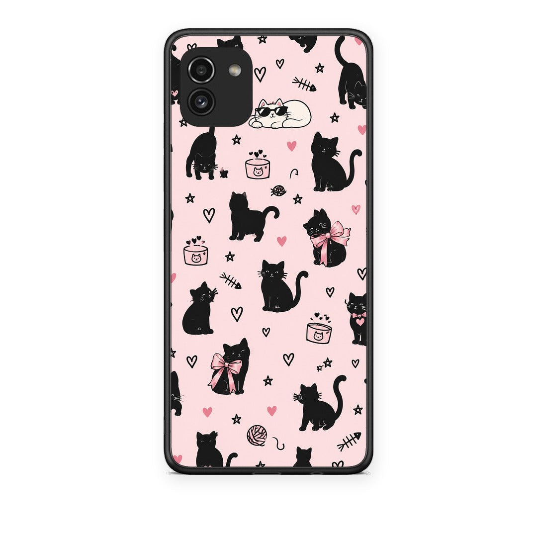 Θήκη Samsung Galaxy A03 Black Cat Doodles on Pink από τη Smartfits με σχέδιο στο πίσω μέρος και μαύρο περίβλημα | Samsung Galaxy A03 Black Cat Doodles on Pink case with colorful back and black bezels