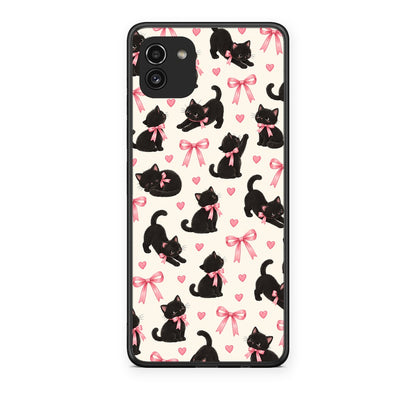 Θήκη Samsung Galaxy A03 Black Kittens and Pink Bows on Cream Small από τη Smartfits με σχέδιο στο πίσω μέρος και μαύρο περίβλημα | Samsung Galaxy A03 Black Kittens and Pink Bows on Cream Small case with colorful back and black bezels