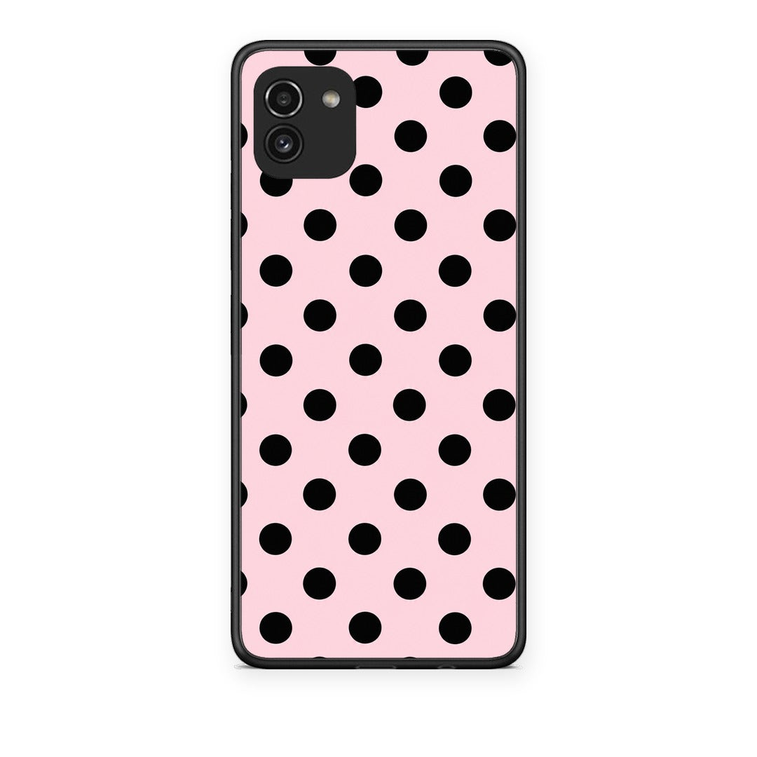 Θήκη Samsung Galaxy A03 Black Polka Dots on Pink από τη Smartfits με σχέδιο στο πίσω μέρος και μαύρο περίβλημα | Samsung Galaxy A03 Black Polka Dots on Pink case with colorful back and black bezels