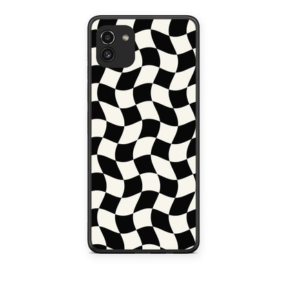 Θήκη Samsung Galaxy A03 Black and Cream Wavy Checkerboard από τη Smartfits με σχέδιο στο πίσω μέρος και μαύρο περίβλημα | Samsung Galaxy A03 Black and Cream Wavy Checkerboard case with colorful back and black bezels