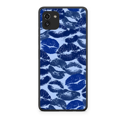 Θήκη Samsung Galaxy A03 Blue Lipstick Kisses από τη Smartfits με σχέδιο στο πίσω μέρος και μαύρο περίβλημα | Samsung Galaxy A03 Blue Lipstick Kisses case with colorful back and black bezels